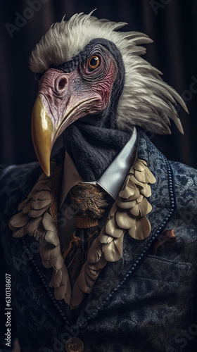 Old vulture dressed in an elegant suit with a nice tie. Fashion portrait of an anthropomorphic animal, raptor, shooted in a charismatic human attitude photo