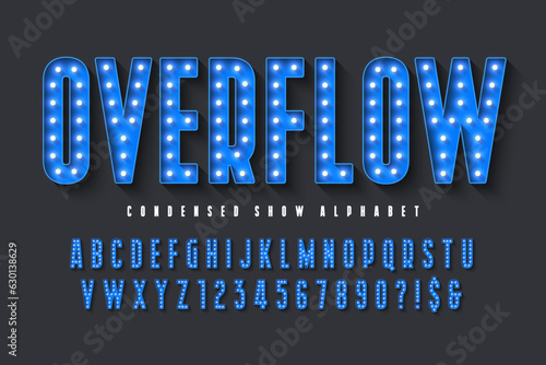 Retro cinema alphabet design, cabaret, LED lamps letters and numbers.