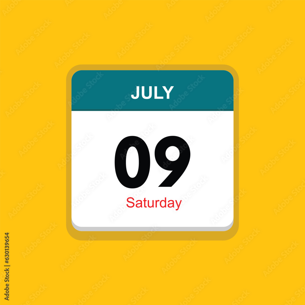saturday 09 july icon with yellow background, calender icon