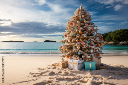 Christmas tree with present boxes on tropical beach  © AI Exclusive 