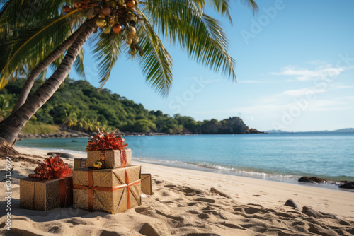 Christmas presents boxes on a tropical beach. Christmas Holiday travel.