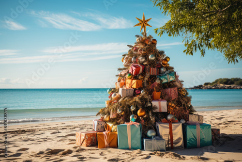 Present boxes near green Christmas tree on the tropical beach background
