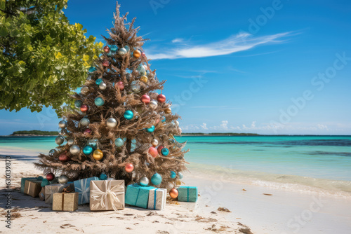 Big green christmas tree on the beach with present boxes © AI Exclusive 