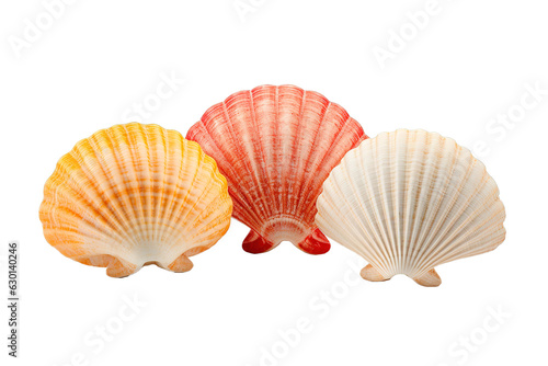 Three colorful seashells on isolated transparent background