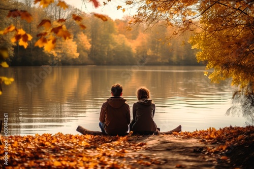 Two teenagers sitting romantically sitting by the lake surrounded by autumn laves