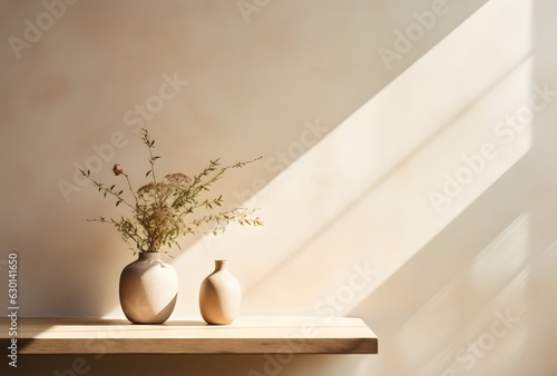 Obraz na plátne Vase with dried flowers on wooden shelf near beige wall