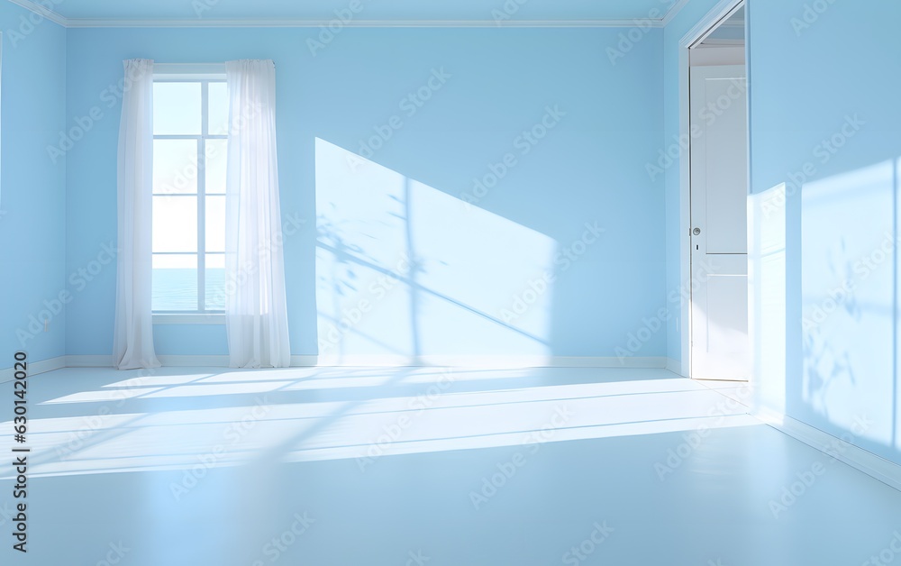 Empty room with blue walls, white floor and window Empty room with blue walls, white floor and window