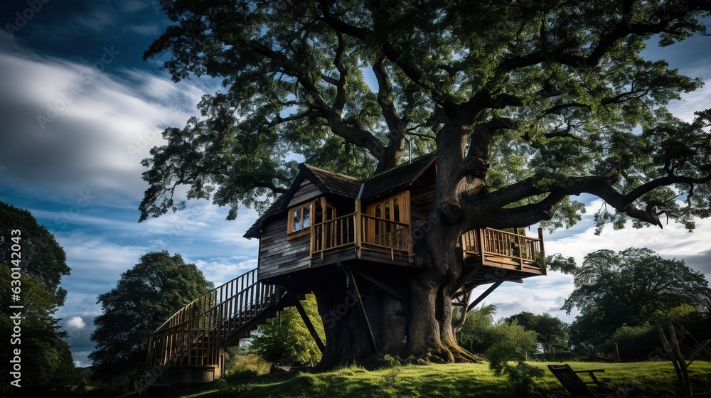 A Professional Shot of a Treehouse made of Wood. A Professional Shot of a Treehouse made of Wood.