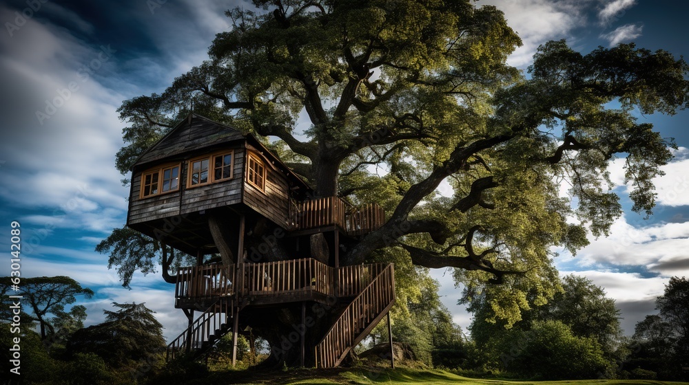 A Professional Shot of a Treehouse made of Wood. A Professional Shot of a Treehouse made of Wood.