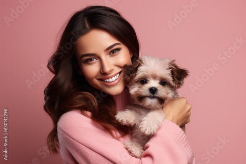Beautiful Woman is holding a cute small puppy on pink background