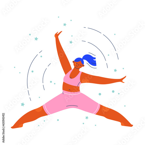 Woman character in a balancing dancing pose doing a split. Flat colorful people vector illustration.