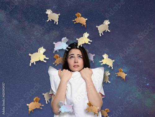 Woman with pillow suffering from insomnia. Illustrations of colorful sheep around her against night sky