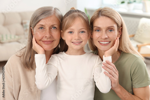 Three generations. Happy grandmother, her daughter and granddaughter at home