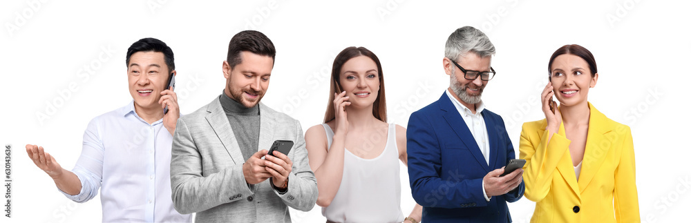 Collage with photo of people using mobile phones on white background Collage with photo of people using mobile phones on white background