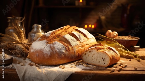 Closeup fluffy bread sprinkled with white sugar on a wooden table with blurred background