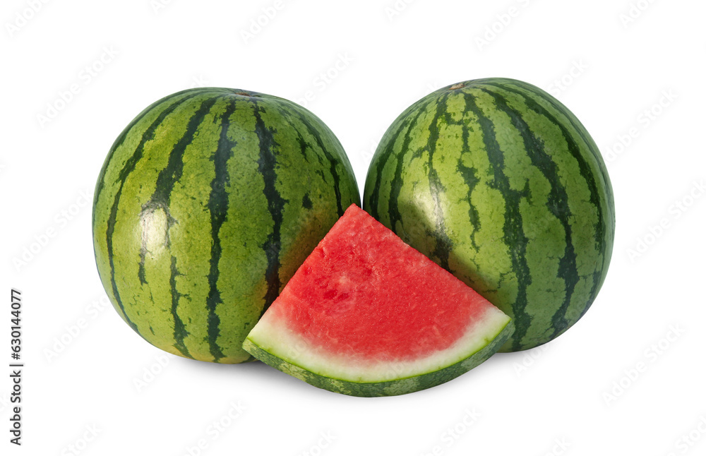 Delicious cut and whole ripe watermelons isolated on white Delicious cut and whole ripe watermelons isolated on white