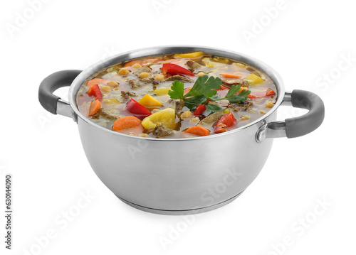 Saucepan of delicious vegetable soup with beef isolated on white