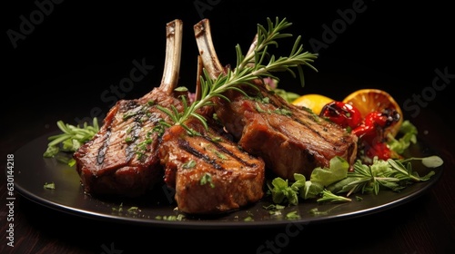 Closeup Grilled lamb chops with barbeque sauce on a plate with black and blurry background
