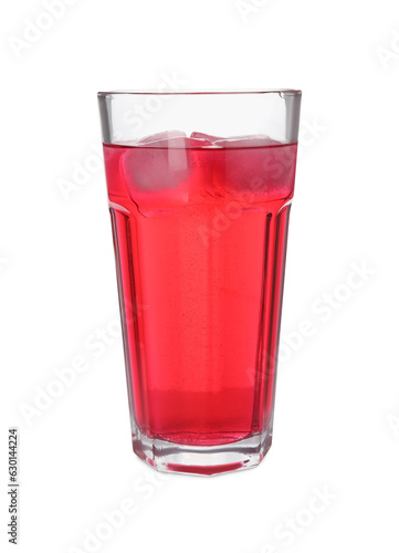 Glass of red soda water with ice cubes isolated on white