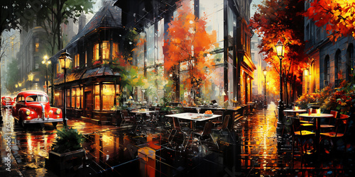 Empty street cafe on an autumn night in an old town. Romantic retro illustration in orange colors depicting a European city in the past. AI-generated