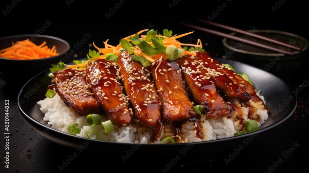 white rice with teriyaki beef and cut vegetables on a plate with black and blurry background white rice with teriyaki beef and cut vegetables on a plate with black and blurry background