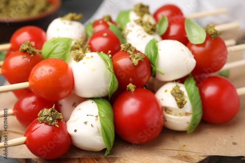 Caprese skewers with tomatoes, mozzarella balls, basil and pesto sauce on table, closeup