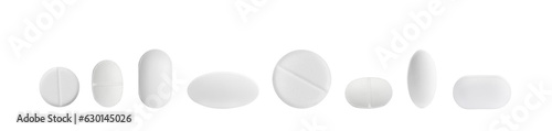 Set of different pills in row isolated on white