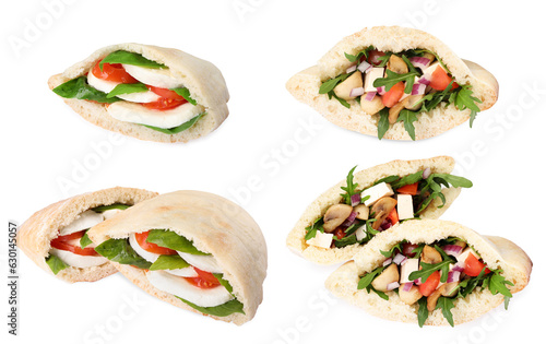 Collage with tasty pita sandwiches isolated on white