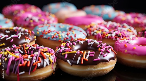 Photo Closeup sweet donuts filled with melted chocolate and sprinkles with a blurred b