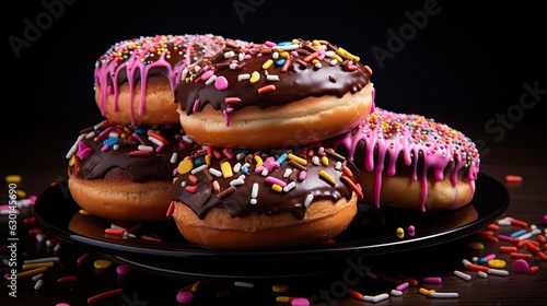 Closeup sweet donuts filled with melted chocolate and sprinkles with a blurred background