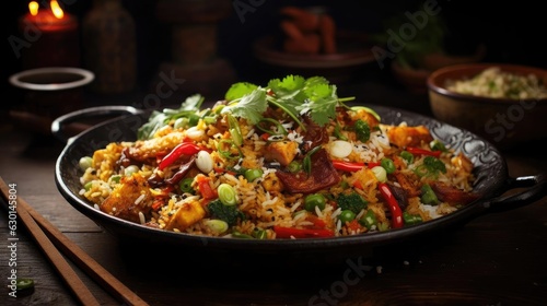Closeup Fried rice with chopped vegetables and meat on a plate with a blurry background
