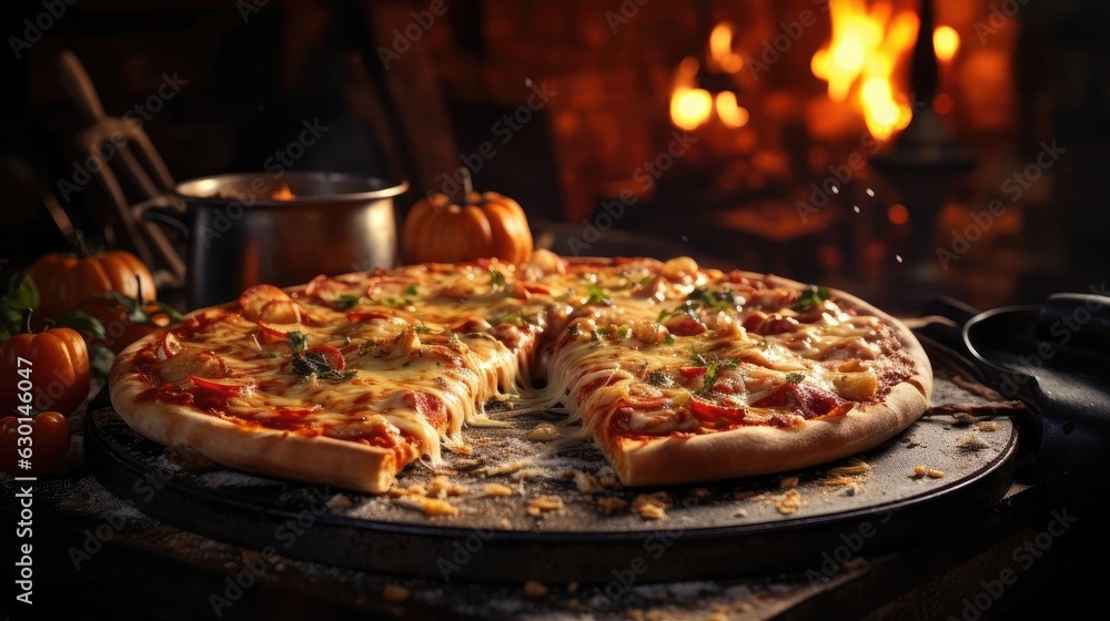 Closeup full pizza with vegetables and meat on wooden table with blur background
