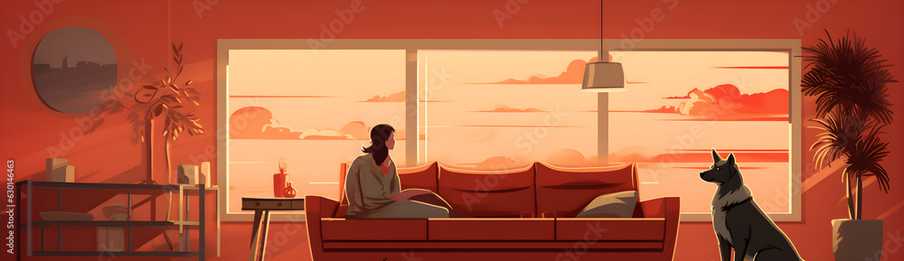 illustration of a woman looking out of the window in her spacious apartment, tonal orange shades illustration of a woman looking out of the window in her spacious apartment, tonal orange shades
