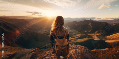 Wallpaper Mural illustration of  young girl, looking over a mountain range at sunrise during a hike  Torontodigital.ca