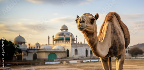 Cultural Intersection: Camel Rests Serenely Before Historic Islamic Architectural Building. 