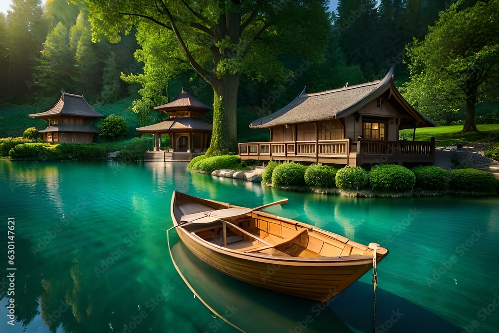 a picturesque artificial lake with a wooden boat embraced by a serene park - AI Generative