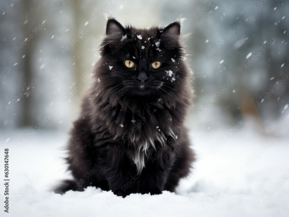 Longhaired Pet Cat Sitting in Winter Snow, Fluffy Black Kitty Portrait