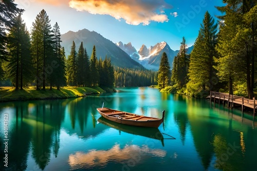 a picturesque artificial lake with a wooden boat embraced by a serene park - AI Generative