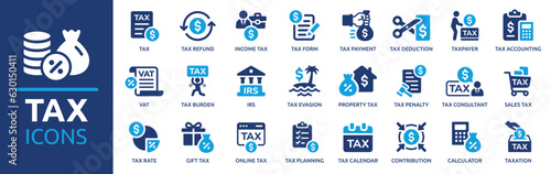 Tax icon set. Containing tax refund, tax deduction, payment, tax accounting, calculator, taxpayer, VAT, taxation and income icons. Solid icon collection. Vector illustration.