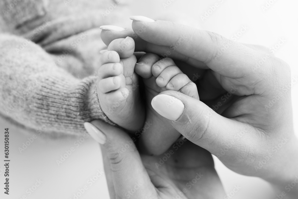 The palms of the father, the mother are holding the foot of the newborn baby on white background. The palms of the father, the mother are holding the foot of the newborn baby on white background.