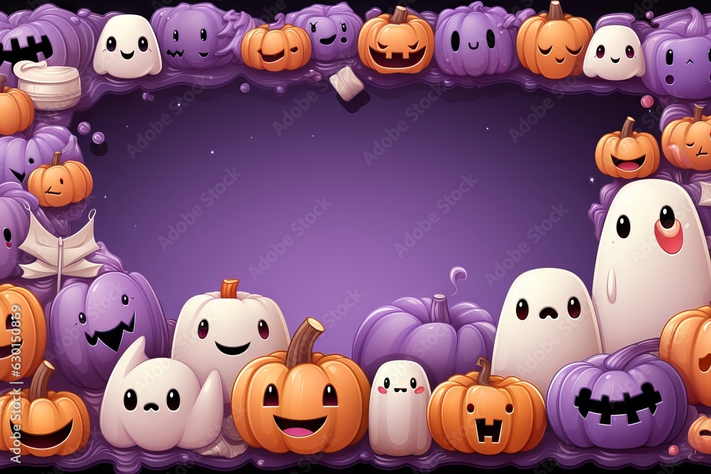 halloween background with halloween icons like a pumpkin, jack o lantern, and ghost, etc, in the style of kawaii aesthetic, elaborate borders, light violet and beige halloween background with halloween icons like a pumpkin, jack o lantern, and ghost, etc, in the style of kawaii aesthetic, elaborate borders, light violet and beige