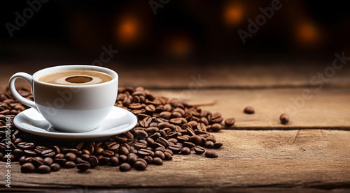 white cup of coffee with its saucer on a wooden background on the left of the image generativa IA