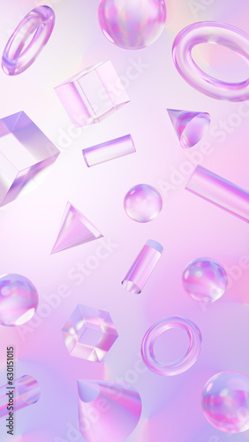 様々な透明な立体物が浮いている3d画像。紫背景。（縦長）