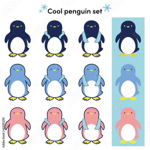 クールグッズを使用するペンギンのイラストセット
