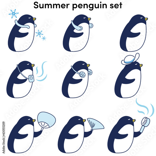 クールグッズを使用するペンギンのイラストセット