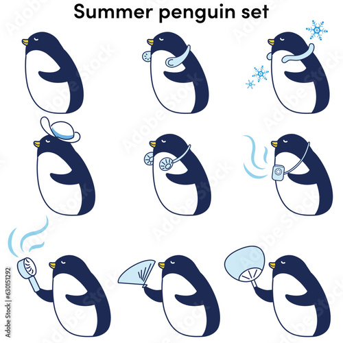 クールグッズを使用するペンギンのイラストセット