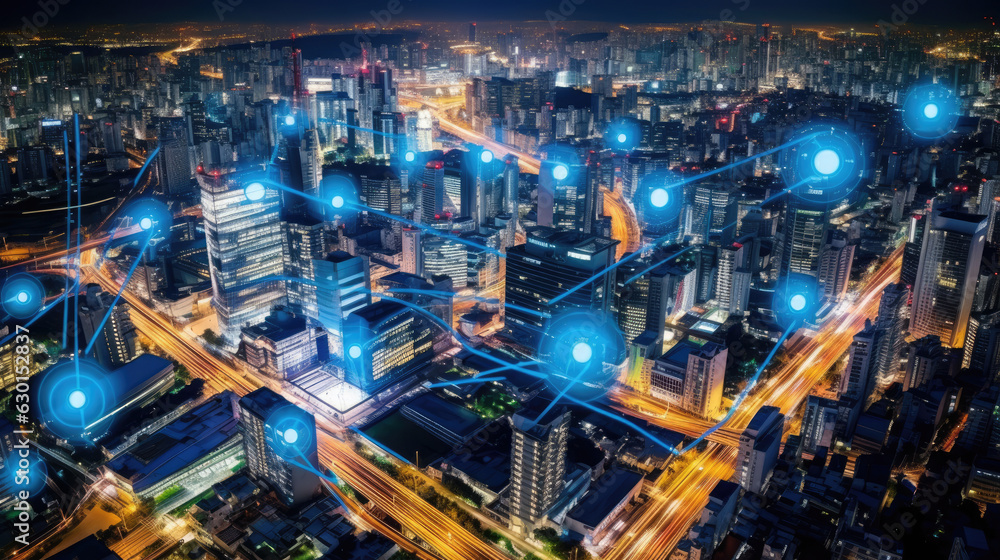 Aerial view of smart city infrastructure, industrial IoT applications, and environmental sensors, demonstrating the revolutionary impact of IoT on urban and industrial life.