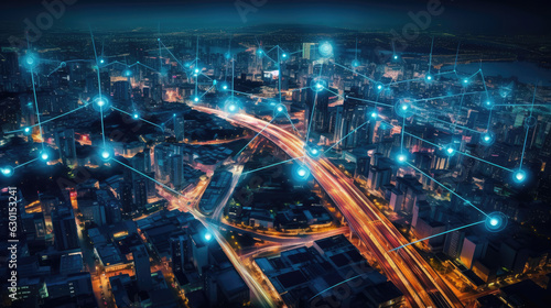 Aerial view of smart city infrastructure, industrial IoT applications, and environmental sensors, demonstrating the revolutionary impact of IoT on urban and industrial life.