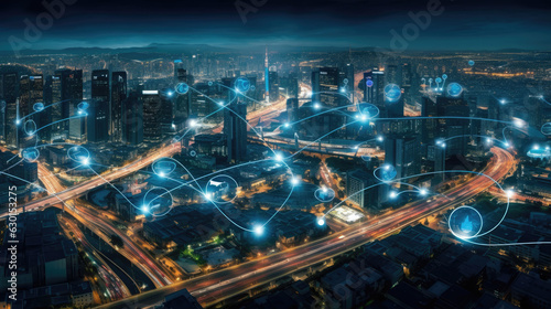 Aerial view of smart city infrastructure, industrial IoT applications, and environmental sensors, demonstrating the revolutionary impact of IoT on urban and industrial life.