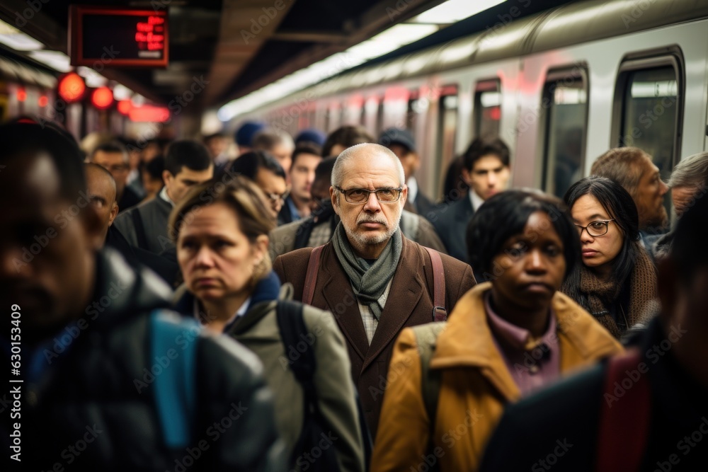 a big crowd of people in the new york subway metro in rush hour on their way home driving with trains. in the evening after work day. everybody is tired. Generative AI a big crowd of people in the new york subway metro in rush hour on their way home driving with trains. in the evening after work day. everybody is tired. Generative AI